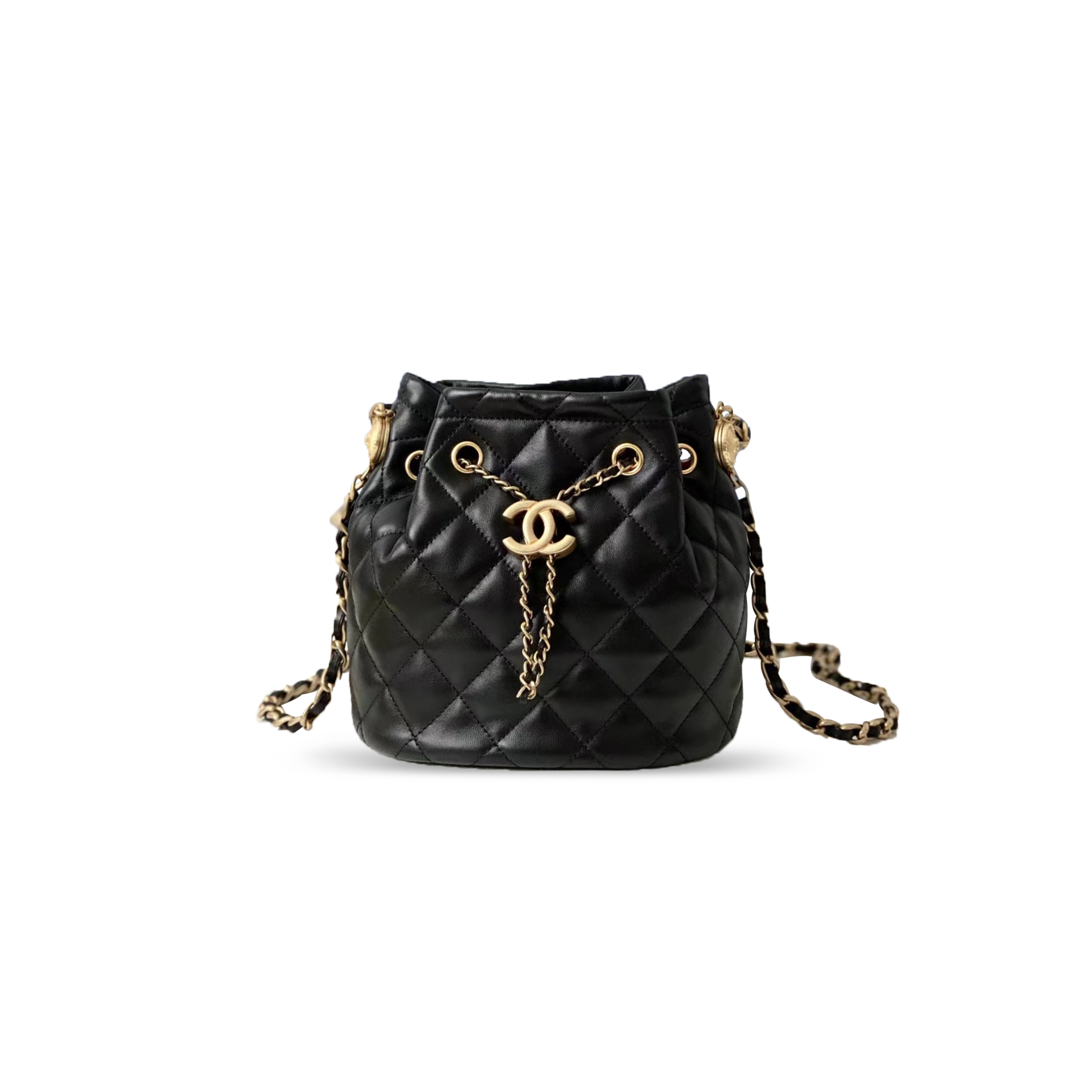 ch*el classic double c Di*m*nd pattern black lambskin bucket bag as2057 (23*20*12cm)